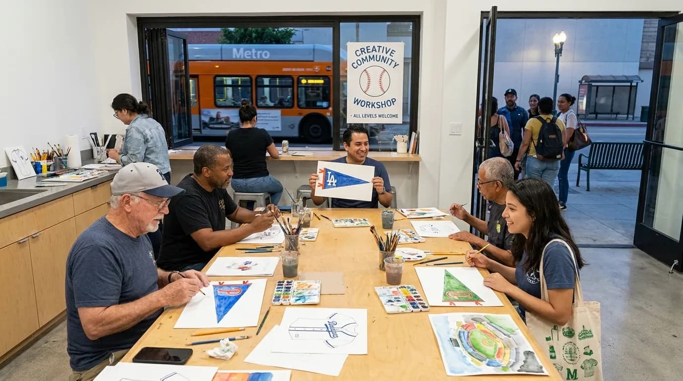 Completed baseball-themed watercolor paintings and sketches displayed on studio wall in Los Angeles workshop