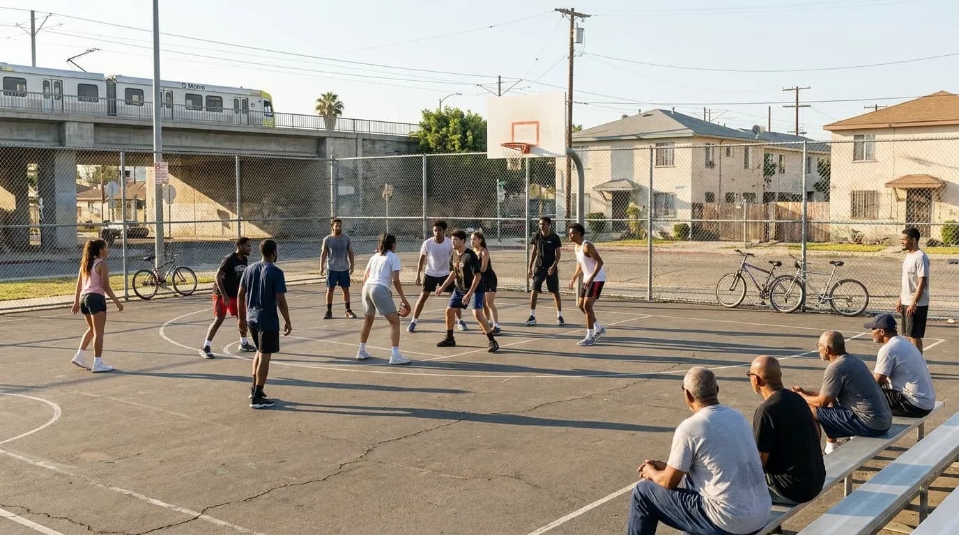 Outdoor basketball court in South Los Angeles neighborhood with players during golden hour