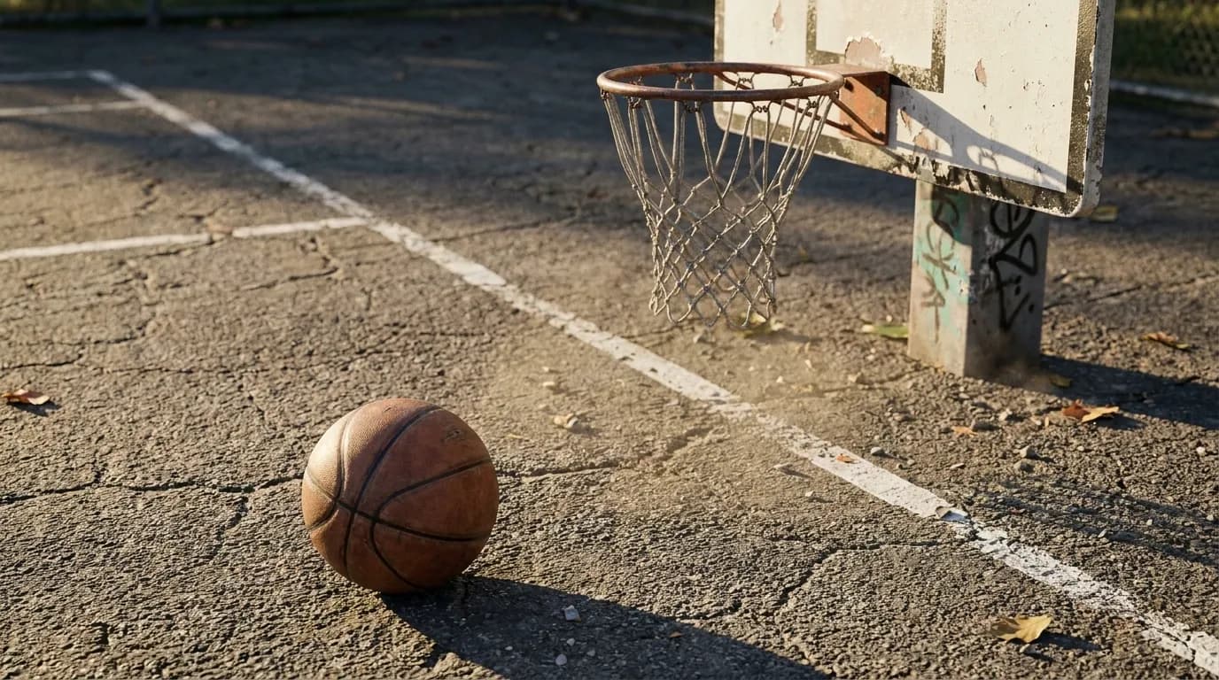 Basketball hoop at a community park in Culver City with palm trees in background