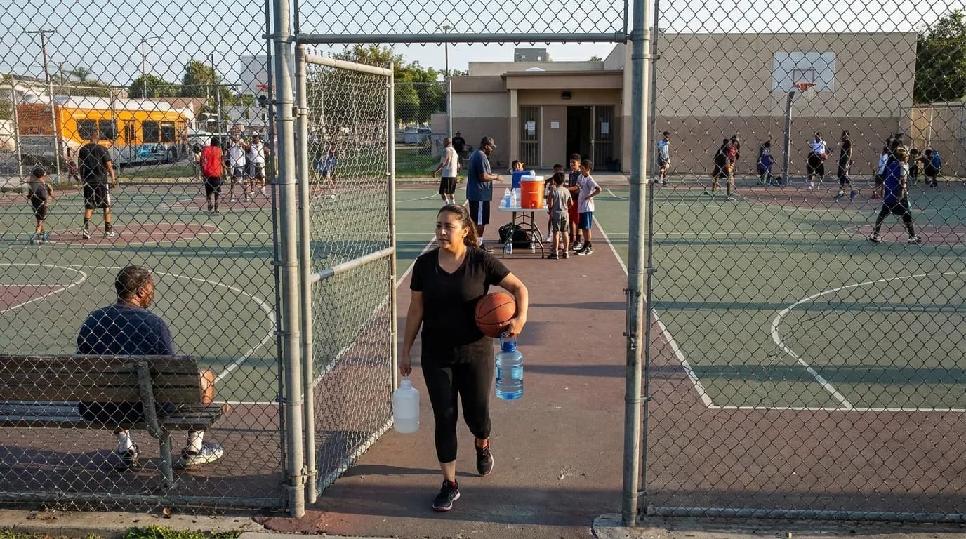 Group of players on an outdoor basketball court in Inglewood during late afternoon