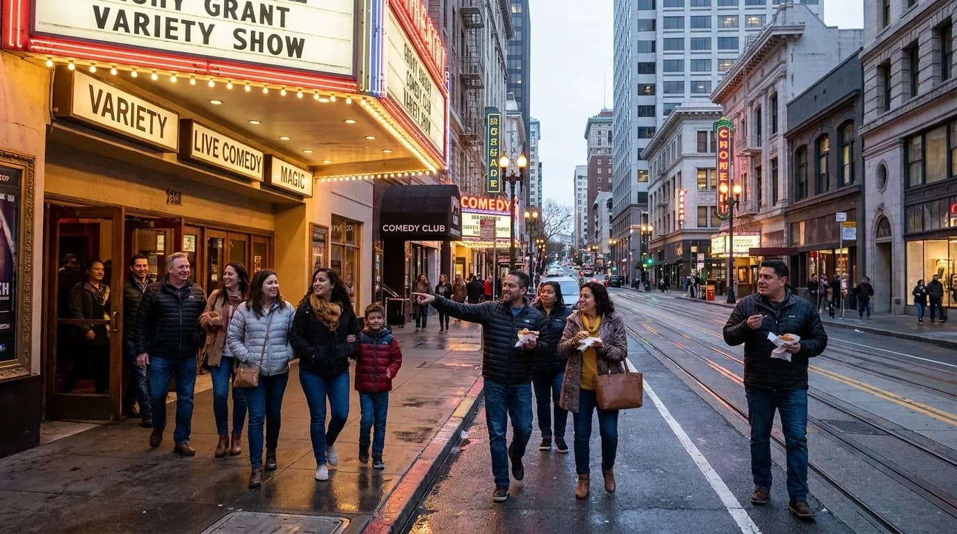 San Francisco Theater District marquee lights illuminating Union Square evening streetscape