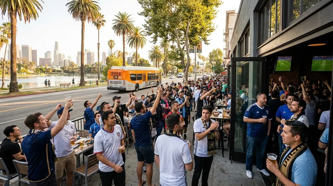 Soccer fans gathering at sports bar with screens showing MLS All Star Game in Los Angeles