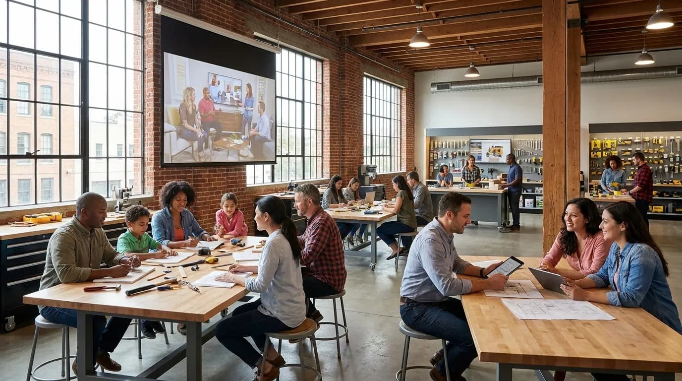 Community workshop table with renovation tools and design sketches in San Francisco makerspace