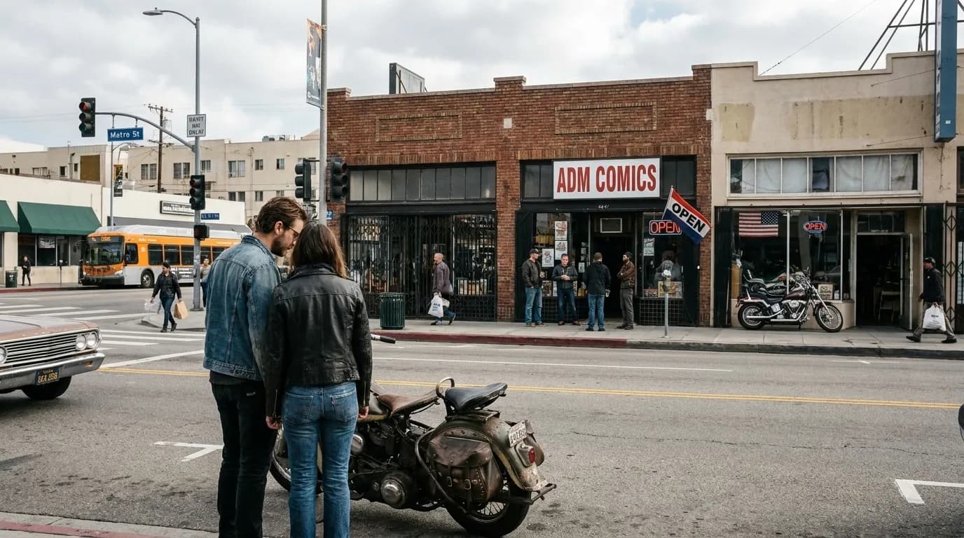 Vintage motorcycles on display in a Los Angeles museum gallery with chrome details and classic design