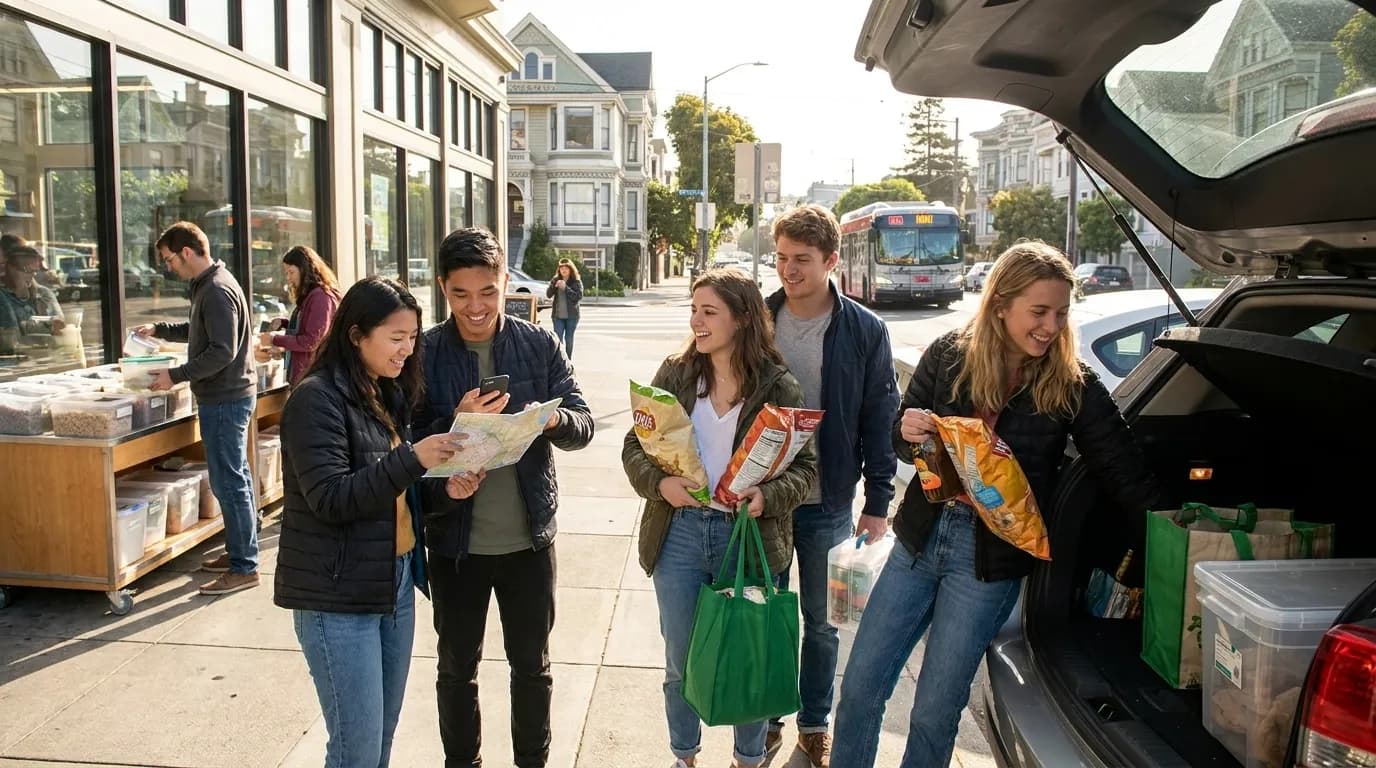 Friends gathering with blankets and snacks for a movie marathon in San Francisco