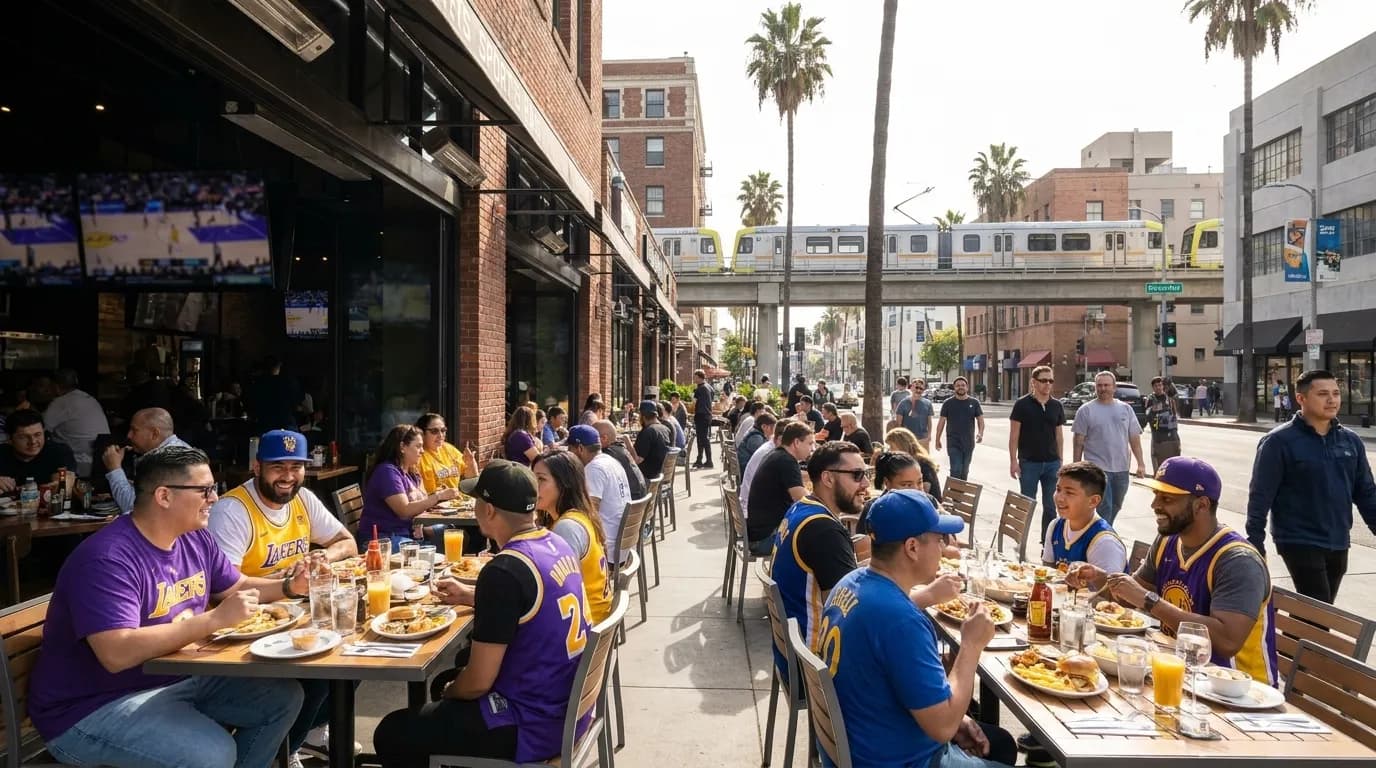 Sports bar interior with basketball game on multiple screens and brunch tables in Los Angeles