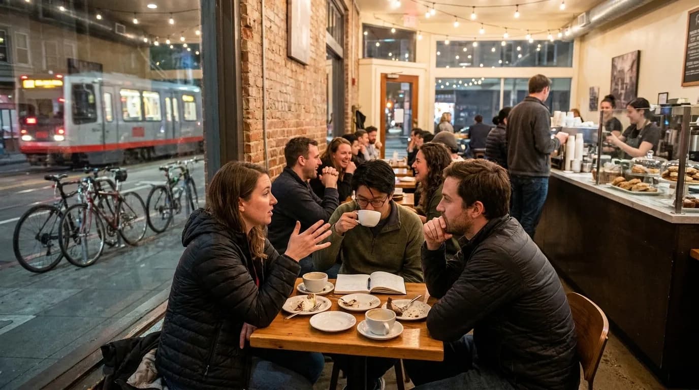 Small group of friends sharing dessert and coffee at a café table with notebooks and film discussion