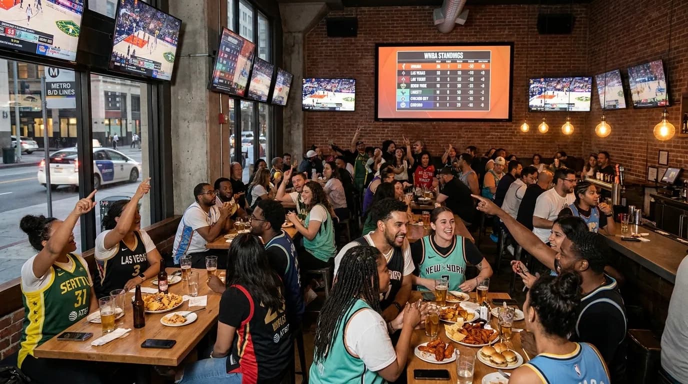 Sports bar interior with multiple screens showing WNBA standings and live basketball games with groups of fans watching