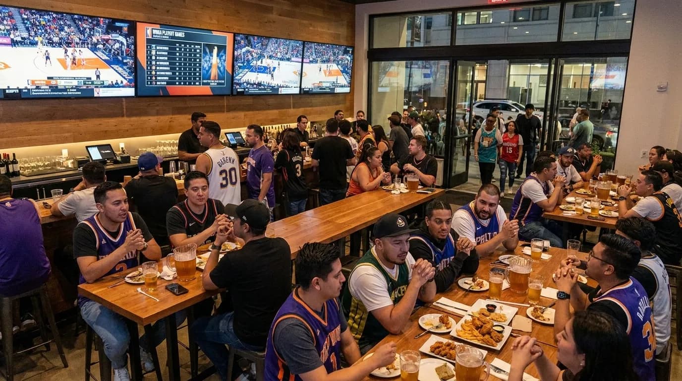Group of basketball fans watching multiple screens at sports bar with drinks and appetizers