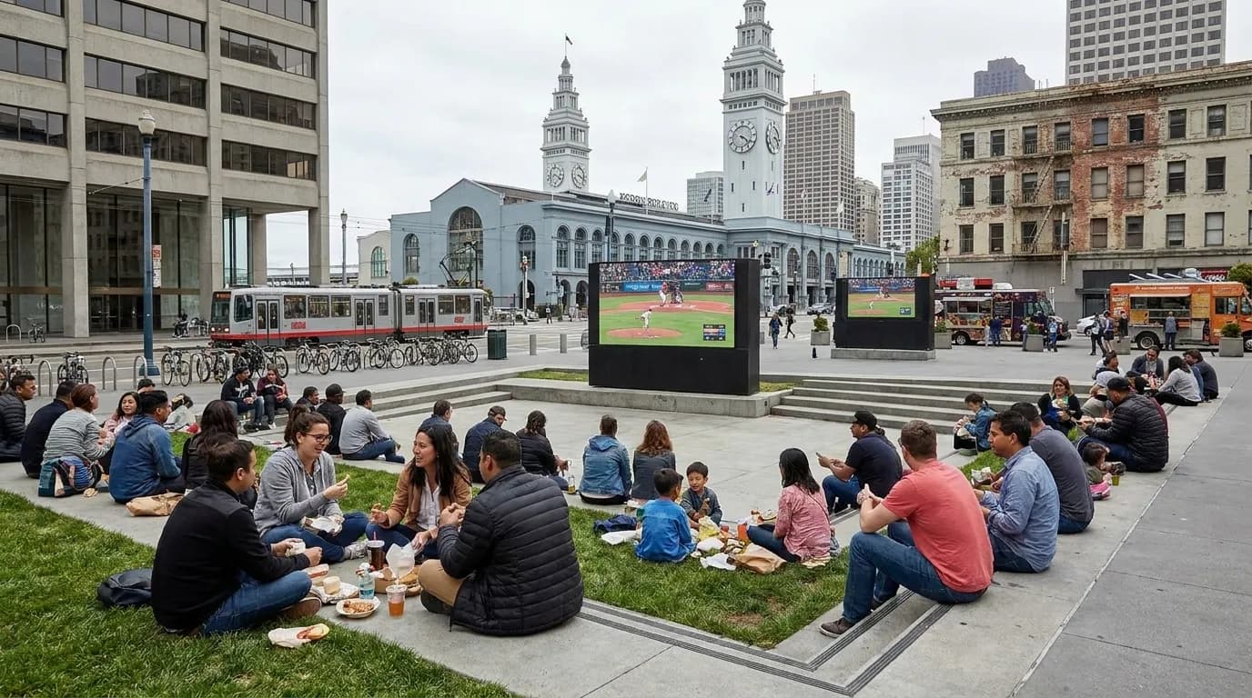 Public outdoor plaza with large screen showing baseball game in San Francisco