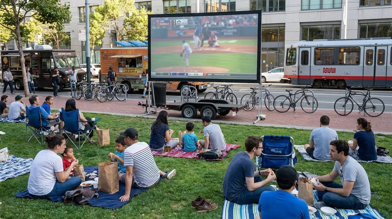 Mission Bay park green space with families and blankets for outdoor viewing