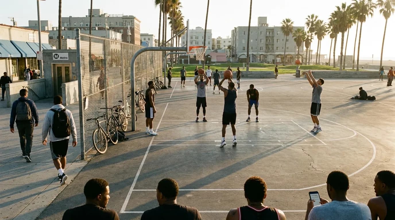 Outdoor basketball court with players practicing three-point shots in Los Angeles