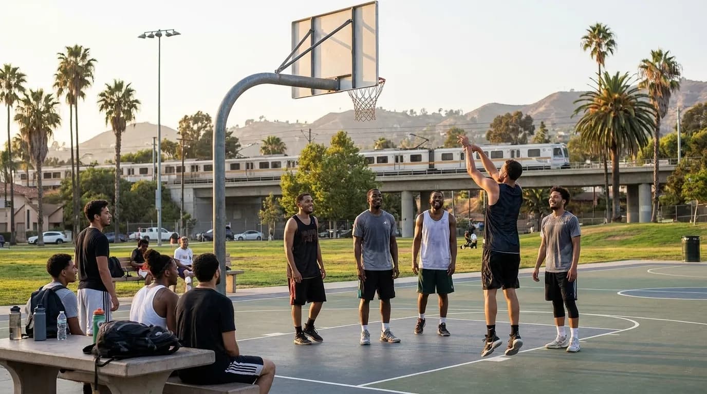 Group of basketball players at free outdoor court in Los Angeles neighborhood