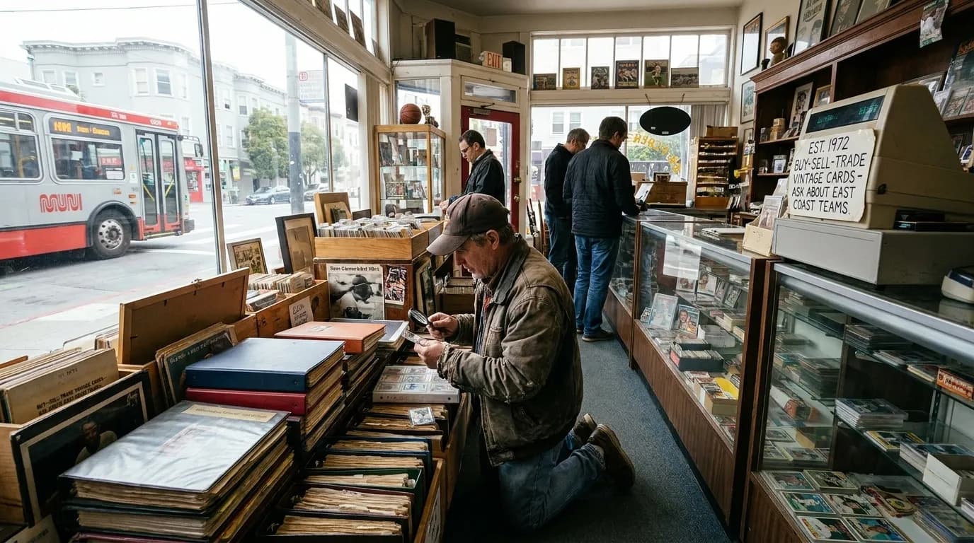 Vintage baseball memorabilia and trading cards displayed in San Francisco collectibles shop