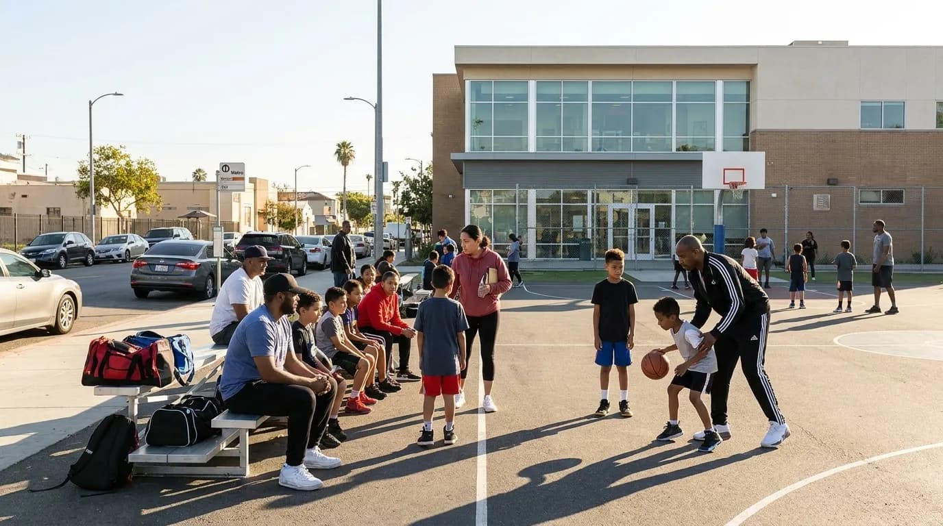 Outdoor basketball court in South Los Angeles neighborhood with youth players practicing under afternoon sun