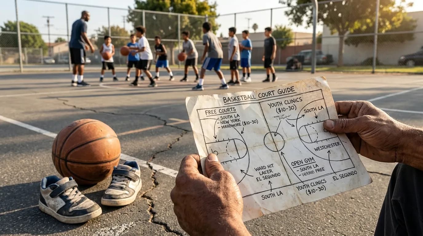 Basketball court in Westchester Los Angeles with families and youth players during weekend morning practice
