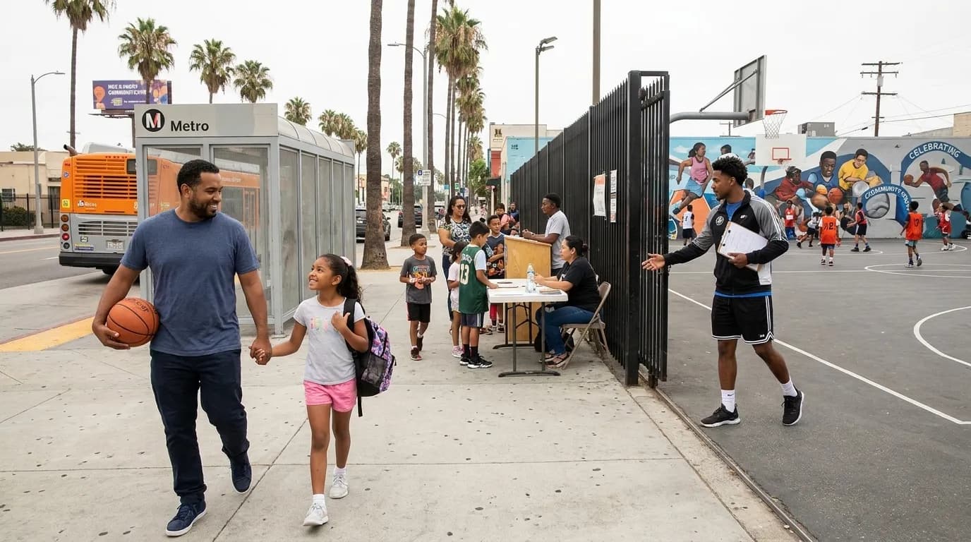 Youth basketball players practicing dribbling drills at El Segundo public court on sunny afternoon