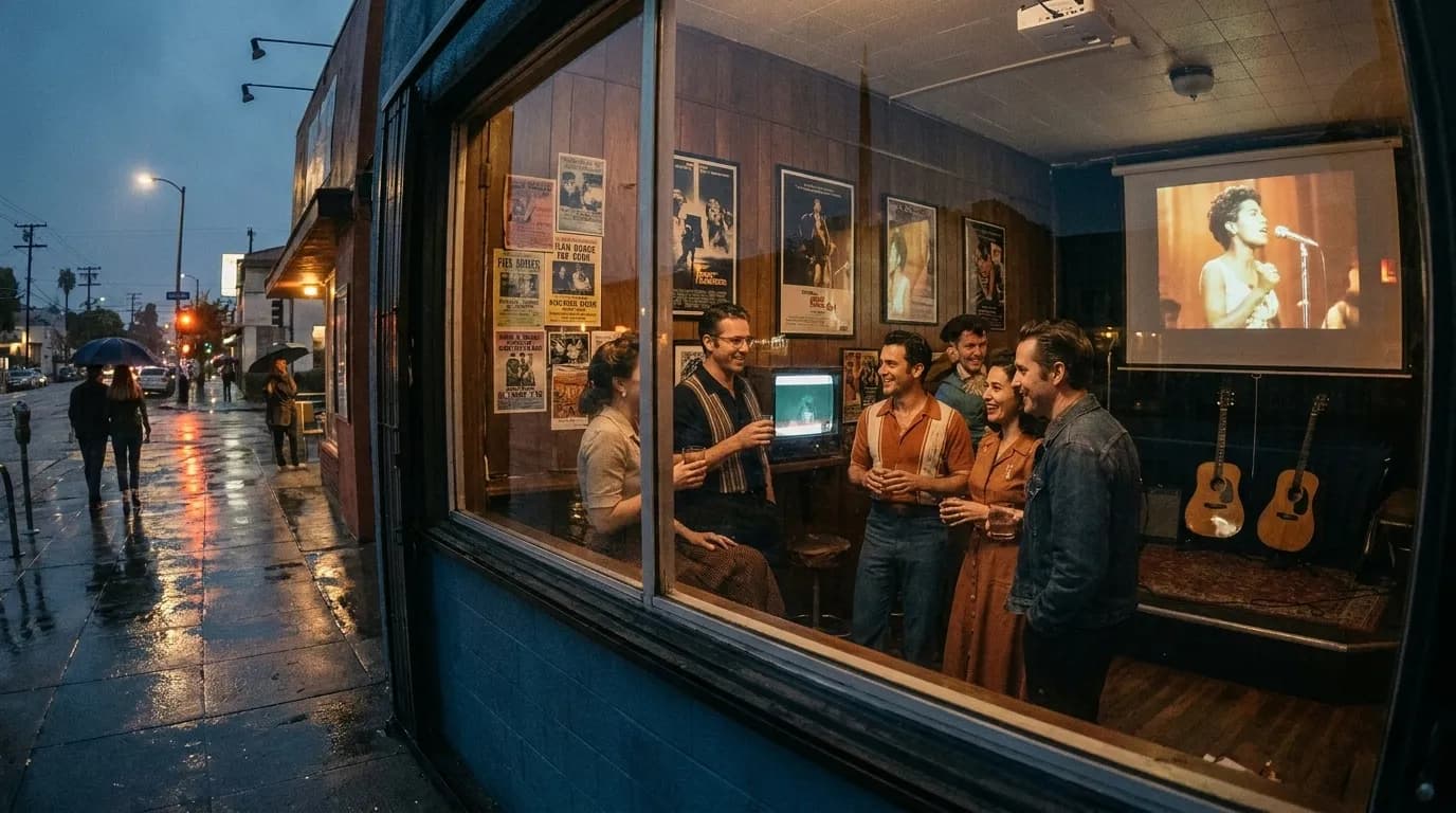 Intimate screening room with vintage seating and acoustic-friendly atmosphere for folk music documentary watch parties in Los Angeles