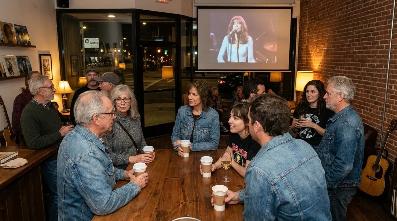 Small community theater screening space with projection setup and intimate seating for folk music documentary watch parties in Los Angeles