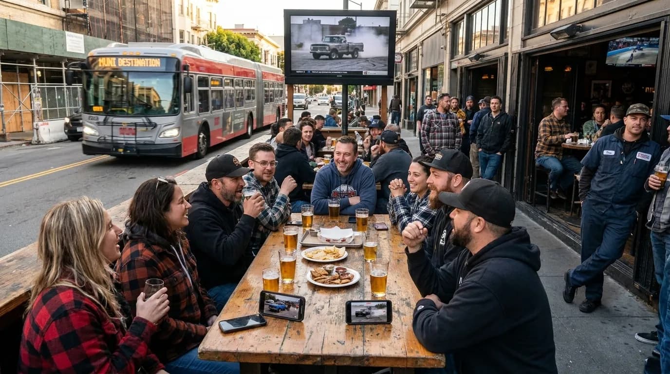 Group of friends gathered around outdoor bar table with phones and drinks discussing automotive content