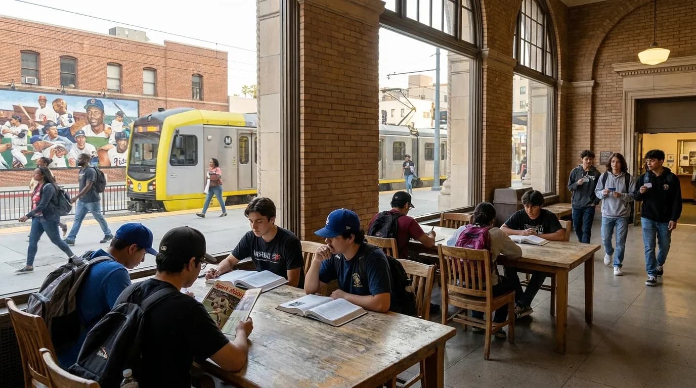 Students studying at a Los Angeles public library with baseball books and materials nearby