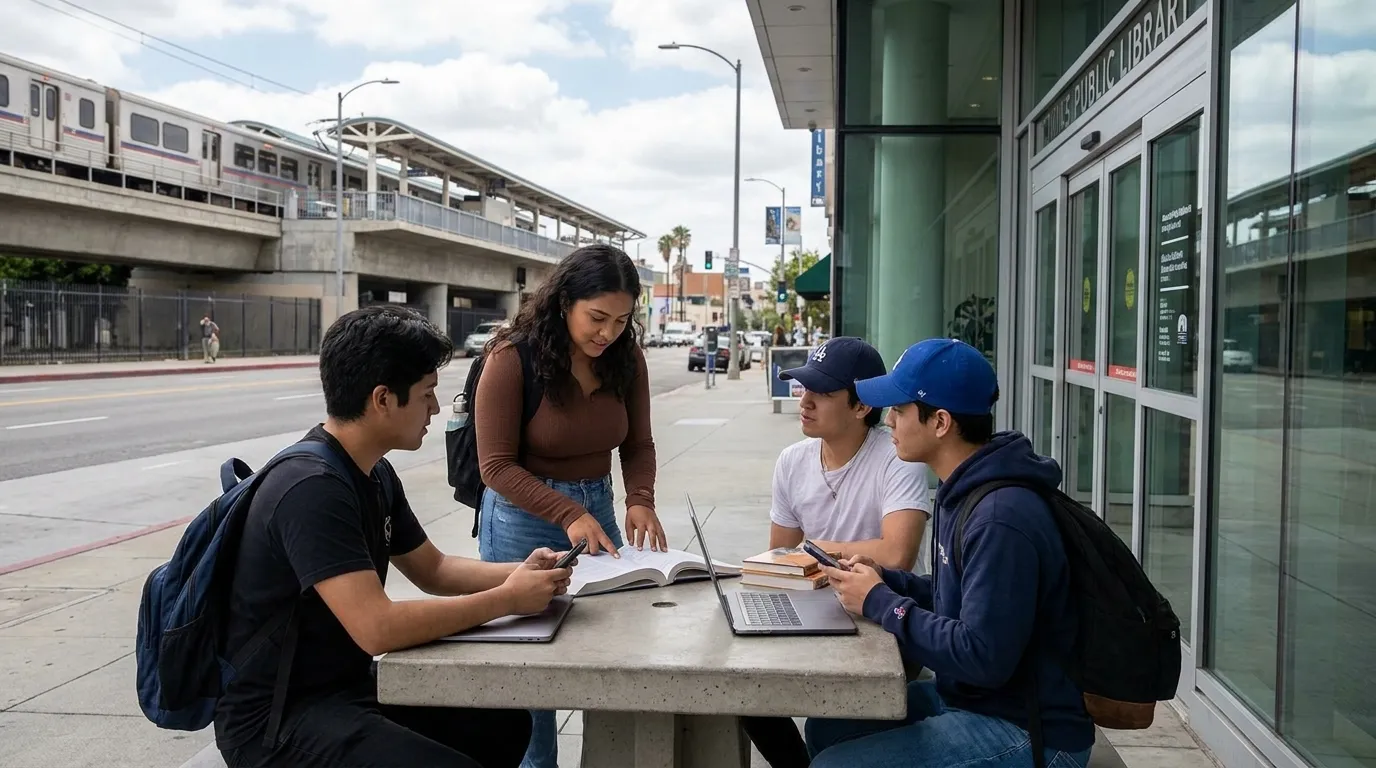 Student studying at a library desk with baseball history books and a laptop