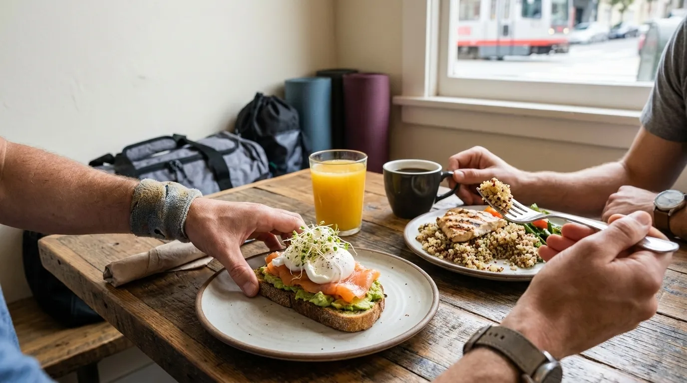 Colorful protein-rich brunch plate with eggs, avocado, and greens in a bright San Francisco restaurant