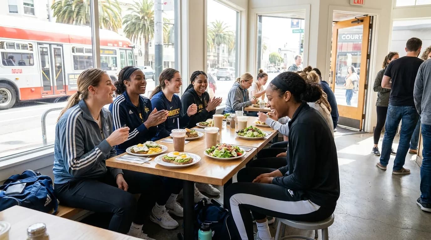 Sunlit San Francisco brunch restaurant with large windows and modern minimalist design
