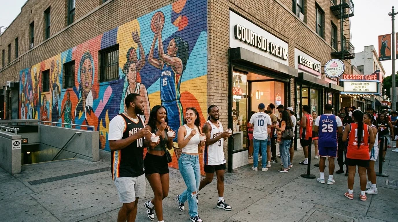 Colorful dessert café interior with basketball-themed décor and group seating in Los Angeles