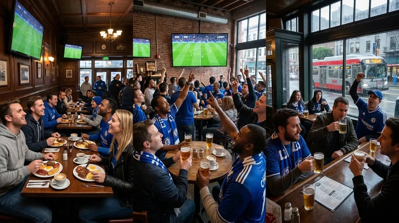 Soccer fans watching an international friendly match on large screens inside a San Francisco pub