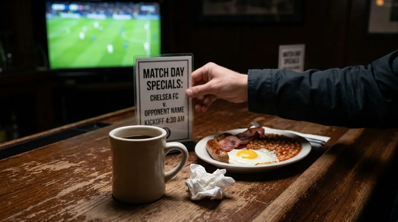 Early morning soccer fans gathered around tables with coffee and breakfast plates watching a match on pub screens