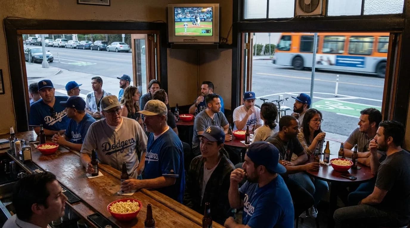 Close-up of baseball game on bar television with blurred foreground of beer glasses and bar top