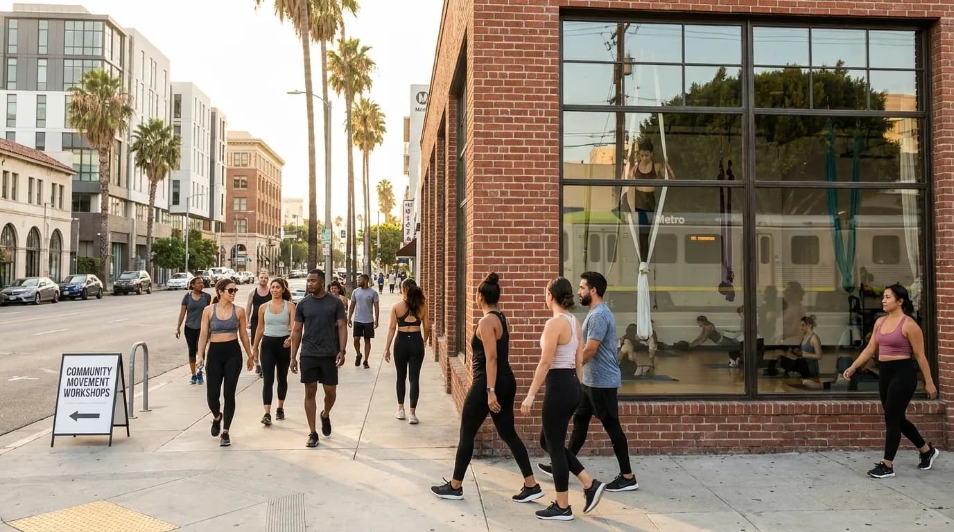 Adult performing graceful movement exercise in bright Los Angeles fitness studio