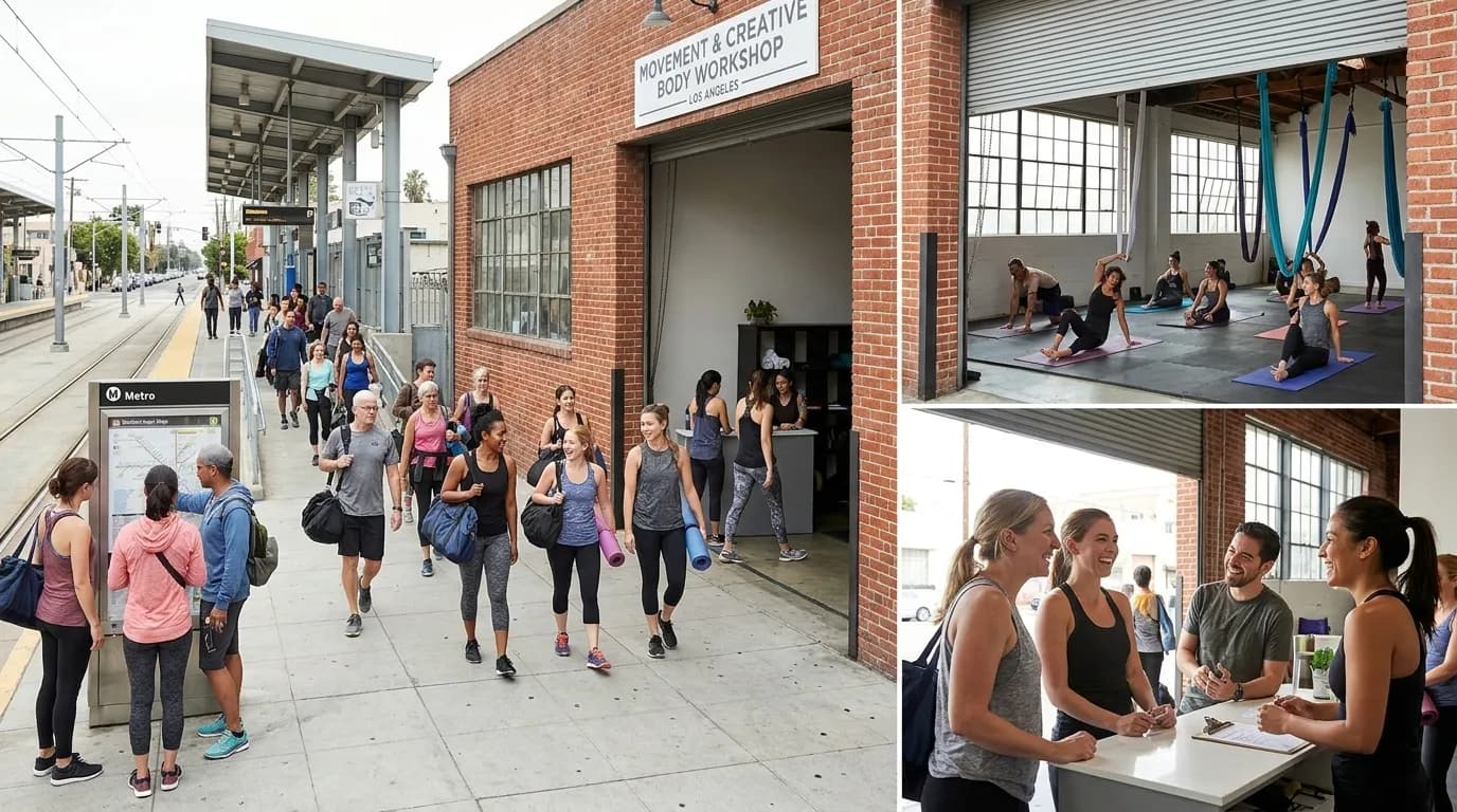 Adult students practicing balance and flexibility exercises on gymnastics mats in Los Angeles studio