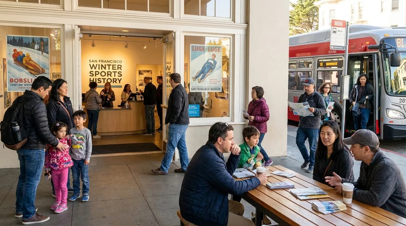 Visitors examining winter Olympic sports equipment and educational displays in a San Francisco museum setting