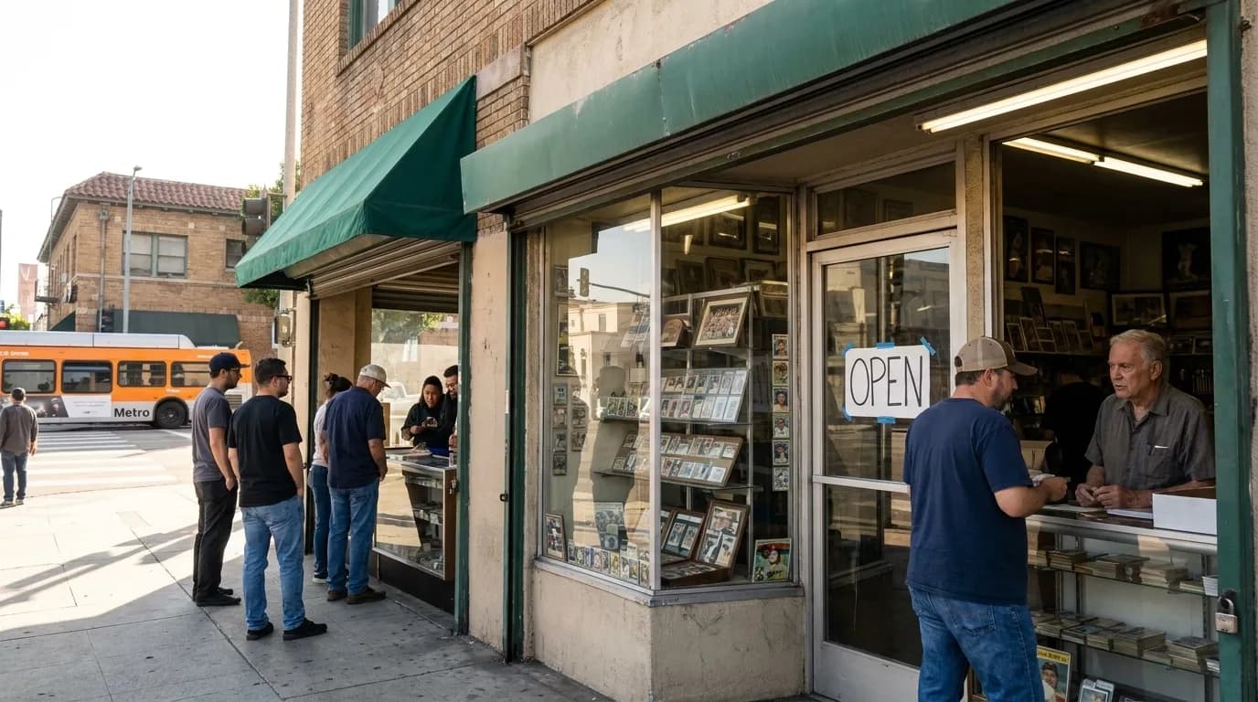 Vintage baseball cards displayed in protective sleeves at a Los Angeles card shop