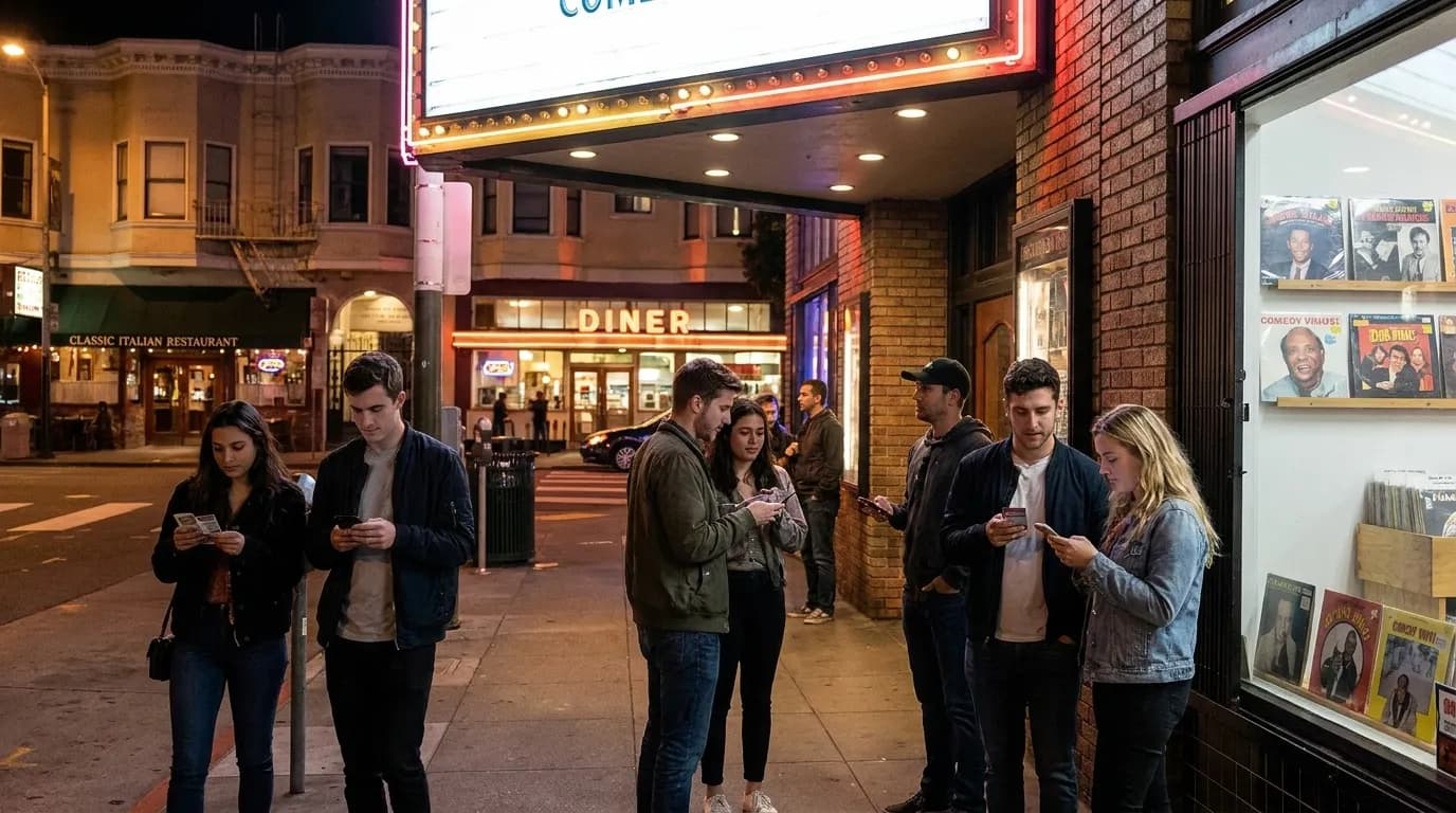 Illuminated comedy club marquee in San Francisco neighborhood at night