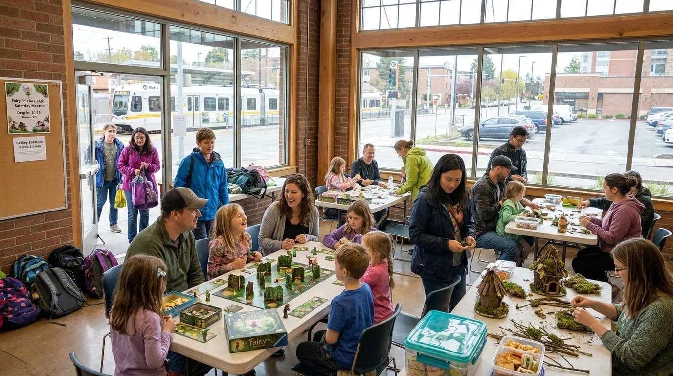 Families gathering around tables with board games and craft supplies at a community center meeting room