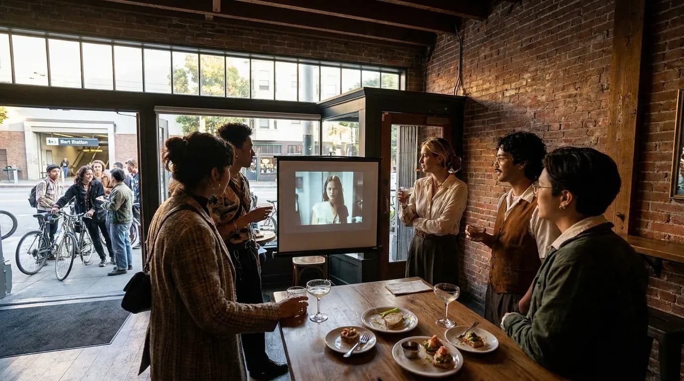 Fashion documentary screening setup with projector in urban San Francisco bar setting