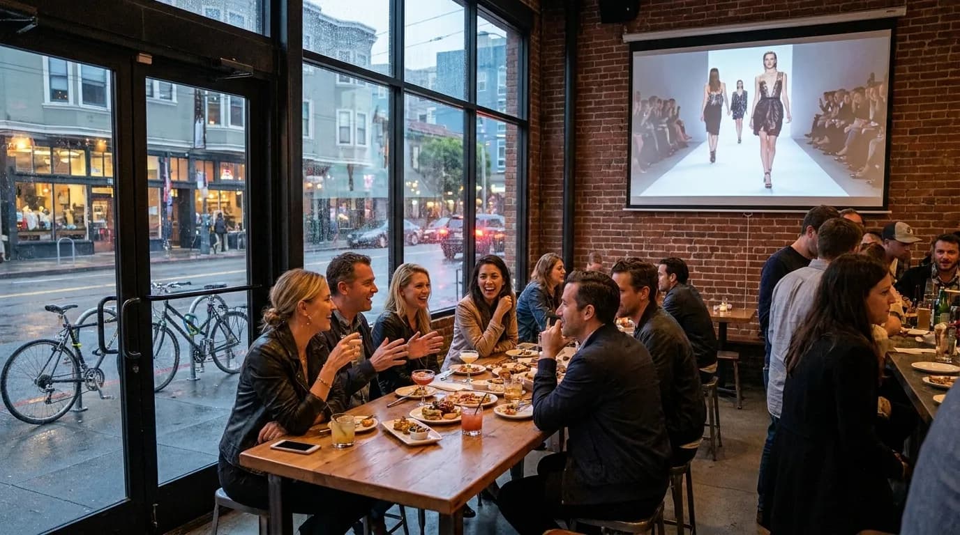 Cozy San Francisco café interior with large monitor screen and seating area