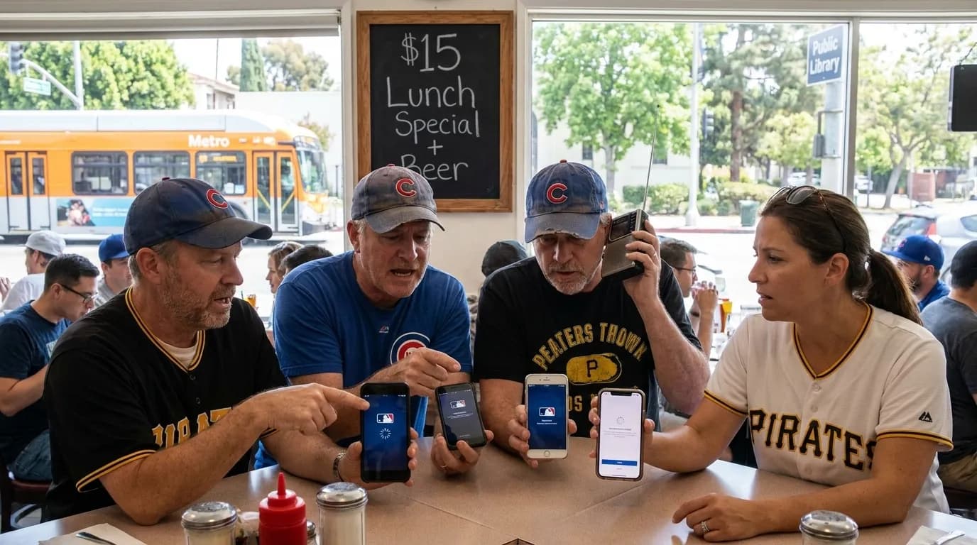 Silver Lake park bench with mobile phone streaming baseball radio app in Los Angeles