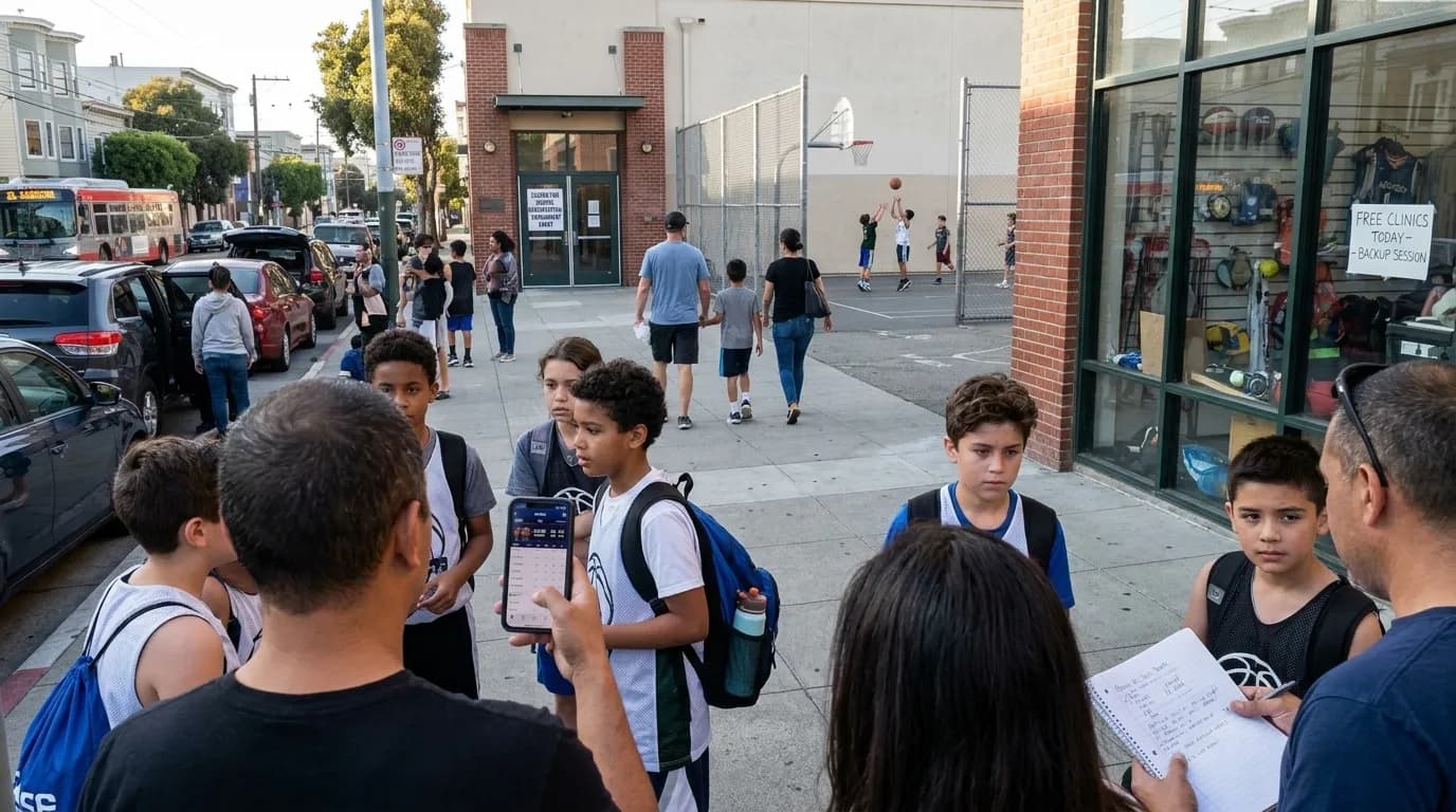 Youth basketball players practicing shooting drills at San Francisco recreation center court