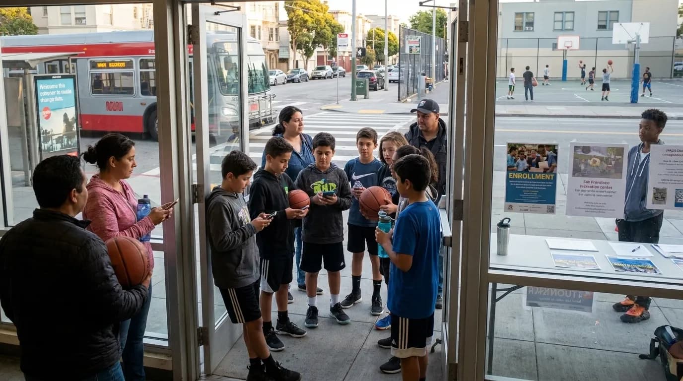 Outdoor basketball court in San Francisco neighborhood park with clear sightlines and public access