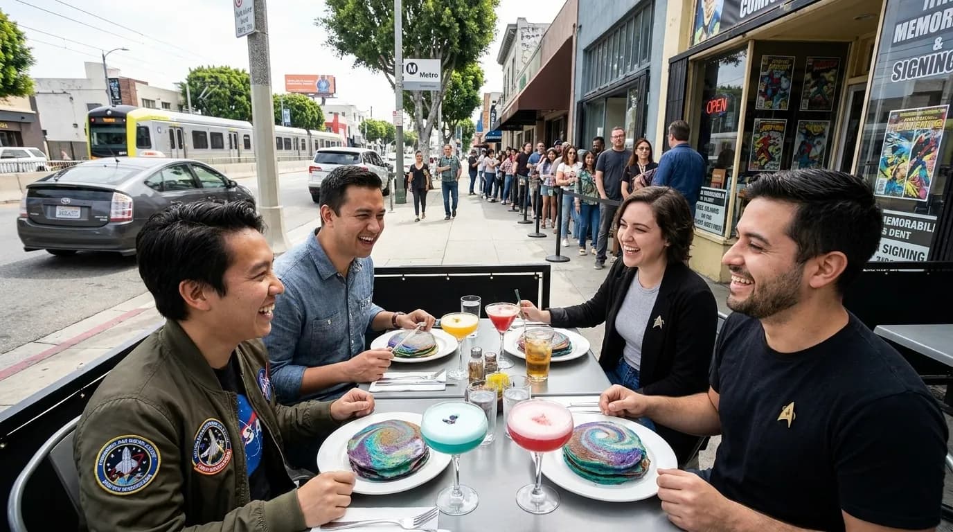 Colorful brunch table with themed cocktails and creative dishes in Los Angeles restaurant