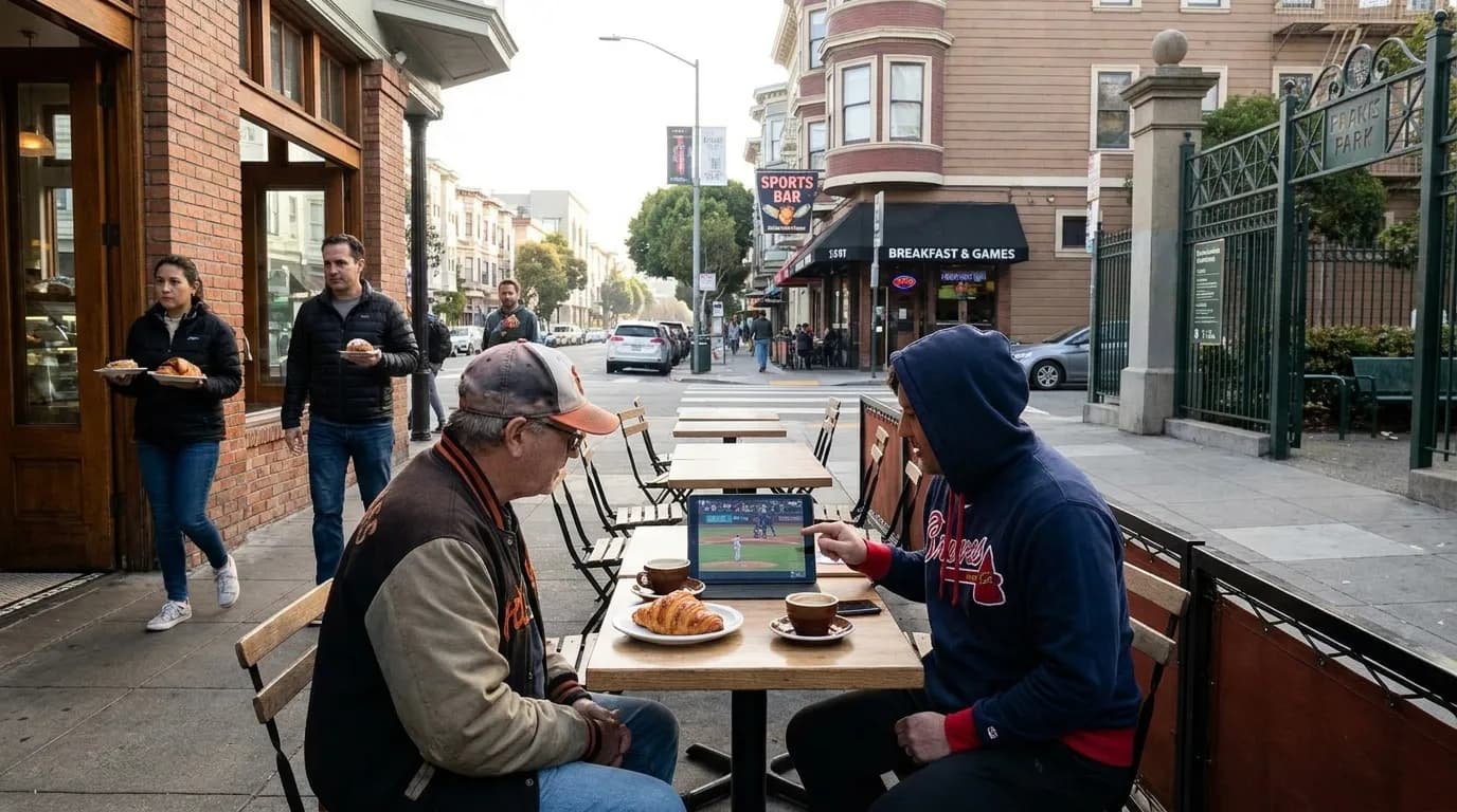 Morning pastries and espresso at a San Francisco bakery table with a tablet streaming a baseball game