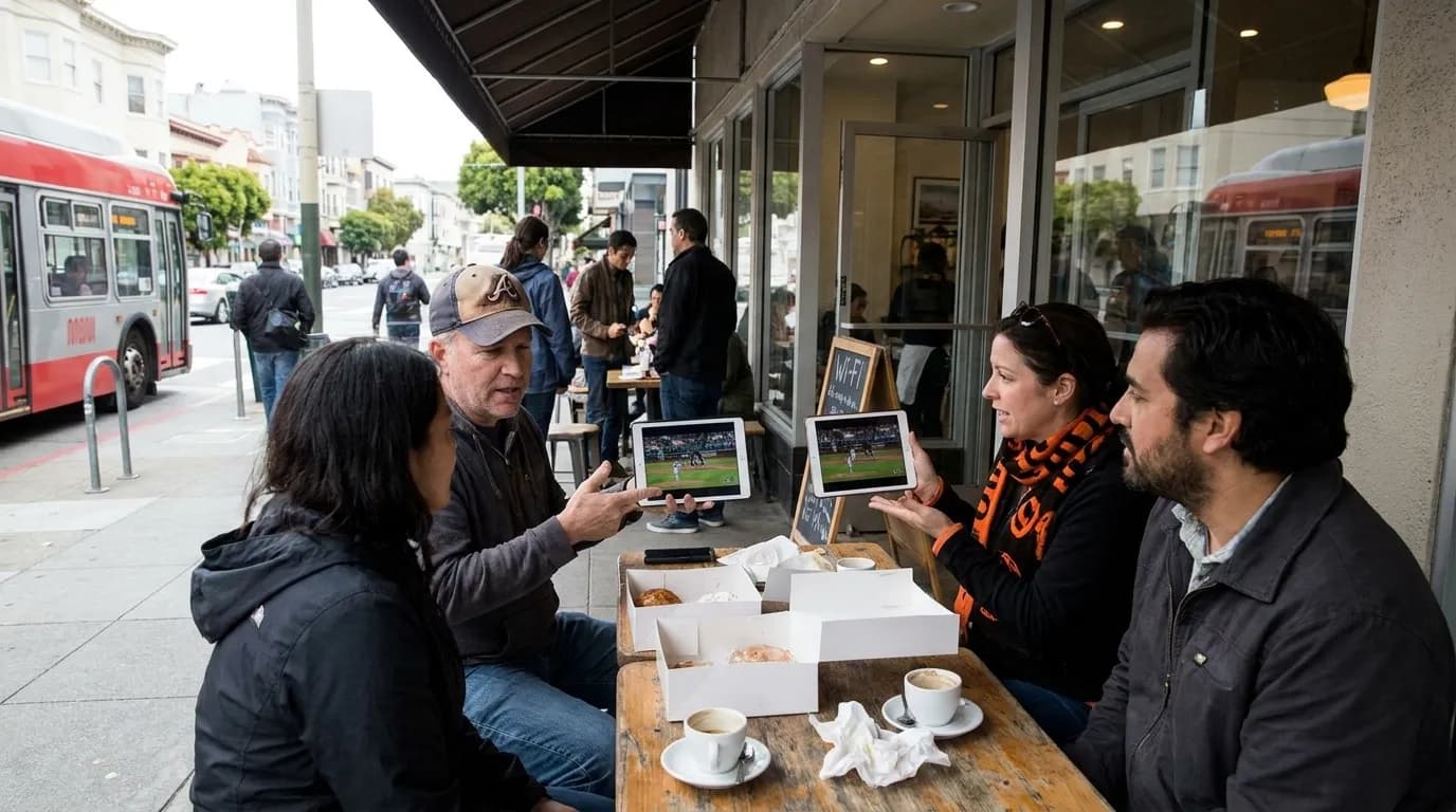 Person holding a phone streaming a baseball game while sitting at an outdoor cafe table with a pastry and coffee