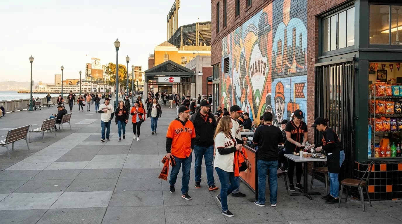 Dogpatch neighborhood street with warehouse buildings and pedestrians in San Francisco Giants apparel