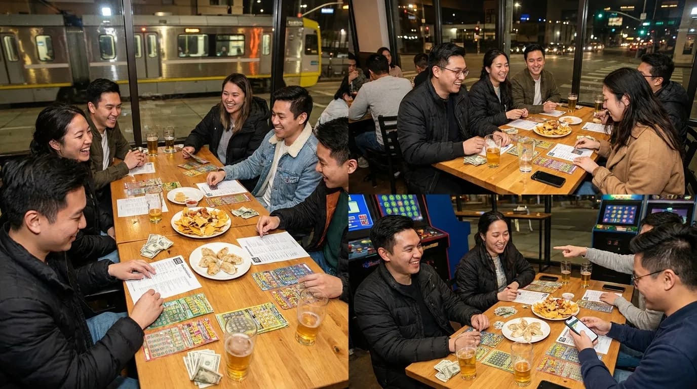 Friends gathered around a bar table for trivia night in Los Angeles