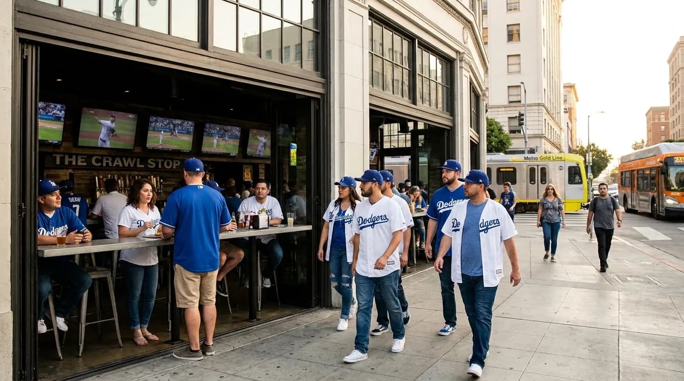 Group of friends watching baseball game on television screens in Los Angeles sports bar