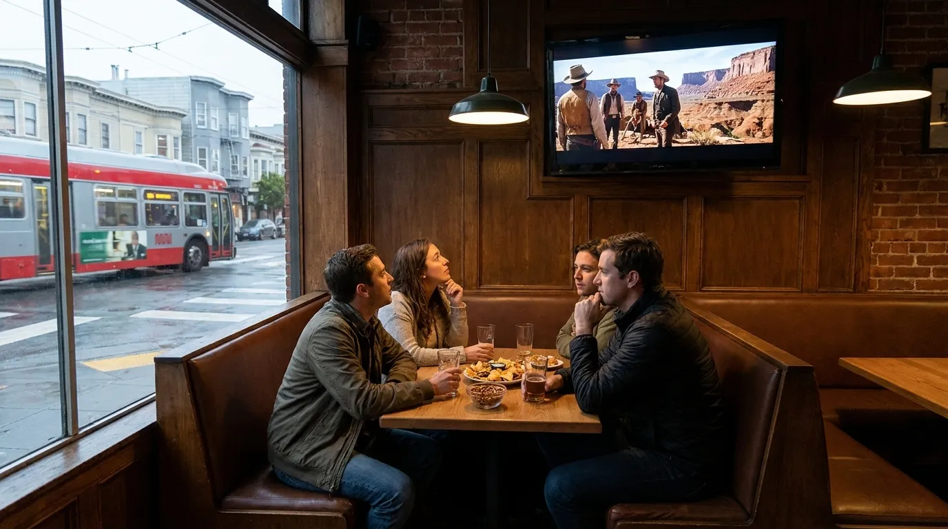 Cozy San Francisco neighborhood bar interior with television screens and comfortable seating for small watch party groups